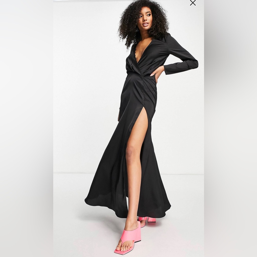ASOS Plunging Satin Long Sleeve Dress w/ Button Detail